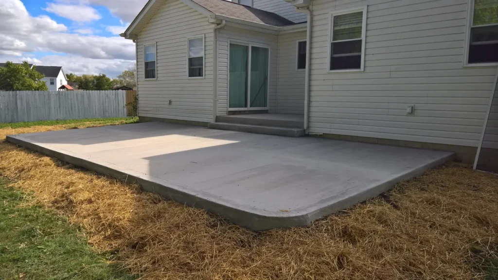 A spacious concrete patios by Northland Concrete, complete with a wooden pergola for added outdoor comfort.